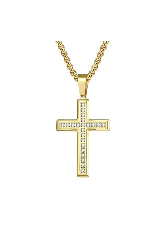 Unisex Stainless Steel Simple Classic Religion Christian CZ Inlay Cross Pendant Couple Necklace Faith Bless Wedding Band Gold No Chain