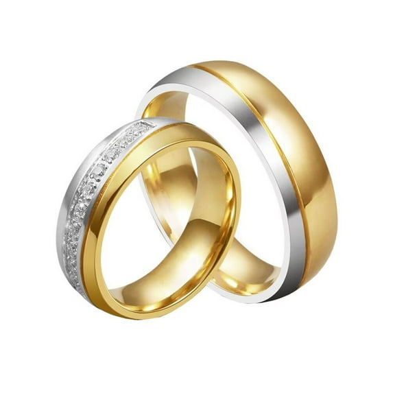 PAMTIER Unisex Stainless Steel Simple Dainty 6MM 2 Colors Put Together Matte Brushed Couple Ring with Single Row Zircon Wedding Band Size 6