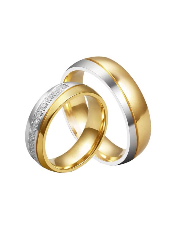 Unisex Stainless Steel Simple Dainty 6MM 2 Colors Put Together Matte Brushed Couple Ring with Single Row Gemstone Wedding Band Size 6