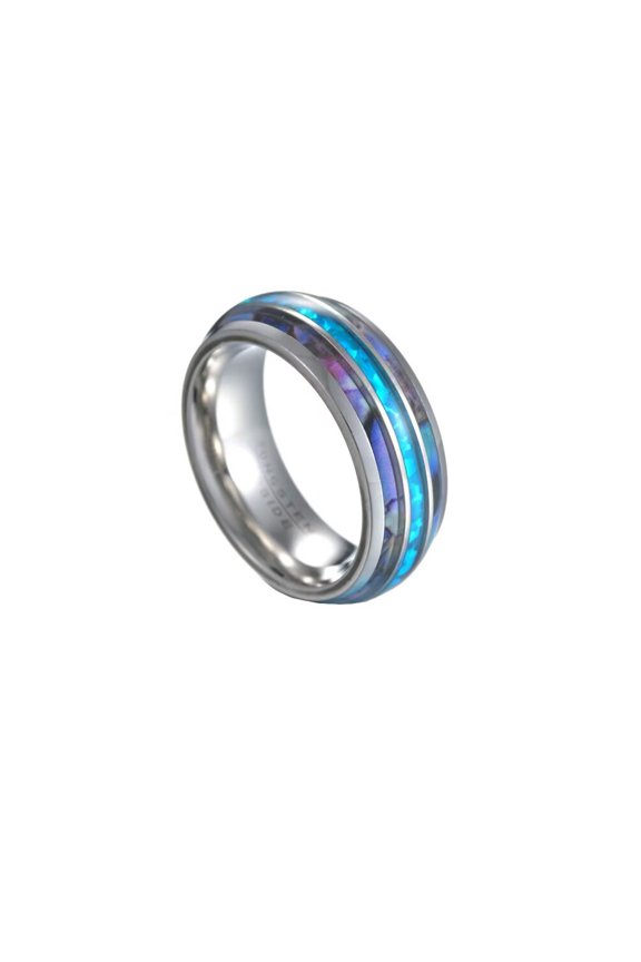 Unisex Stainless Steel Simple Dainty 8mm Colorful Abalone Shell Inlay Dome Blue Imitation Opal Center Ring Wedding Band Silver Size 10