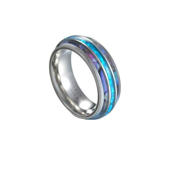 PAMTIER Unisex Stainless Steel Simple Dainty 8mm Colorful Abalone Shell Inlay Dome Blue Imitation Opal Center Ring Wedding Band Silver Size 9