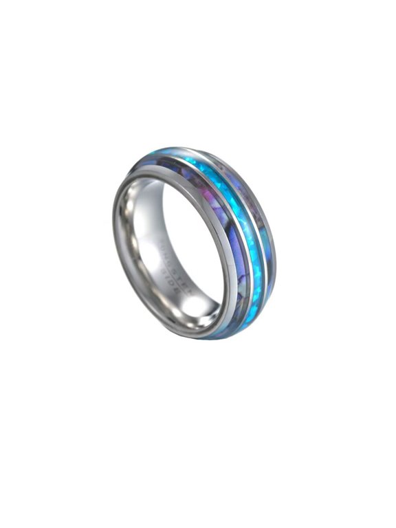 Unisex Stainless Steel Simple Dainty 8mm Colorful Abalone Shell Inlay Dome Blue Imitation Opal Center Ring Wedding Band Silver Size 9