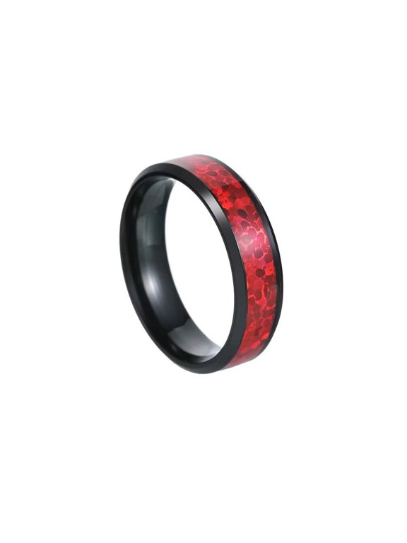 Unisex Stainless Steel Simple Dainty Thin 6MM Red Imitation Opal Stacking Matching Couple Ring Beveled Edges Black Size 8