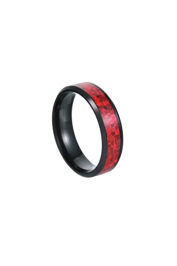 Unisex Stainless Steel Simple Dainty Thin 6MM Red Imitation Opal Stacking Matching Couple Ring Beveled Edges Black Size 8