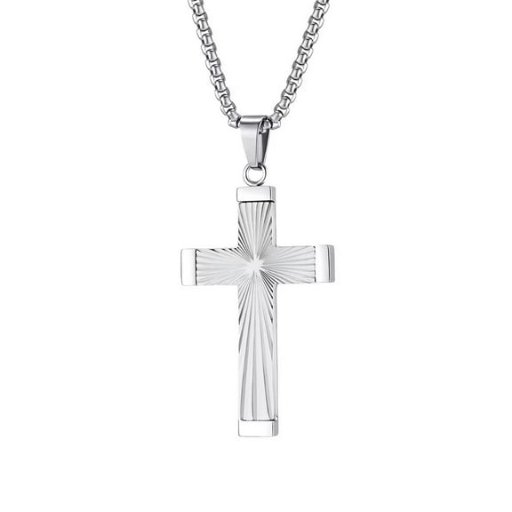 PAMTIER Unisex Stainless Steel Simple Hip Hop 2 Colors Refraction Ray Cross Pendant Amulet Crucifix Necklace Christian Jewelry Silver 23.6" Chain