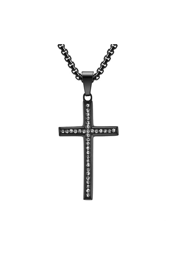 Unisex Stainless Steel Simple Hip Hop Classic Rhinestones Inlay Cross Pendant Amulet Necklace Statement Religious Jewelry Black No Chain