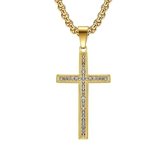 PAMTIER Unisex Stainless Steel Simple Hip Hop Classic Rhinestones Inlay Cross Pendant Amulet Necklace Statement Religious Jewelry Gold No Chain