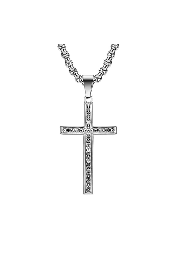 Unisex Stainless Steel Simple Hip Hop Classic Rhinestones Inlay Cross Pendant Amulet Necklace Statement Religious Jewelry Silver No Chain