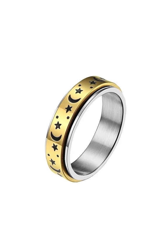 Unisex Stainless Steel Simple Moon and Star Rotatable Lucky Ring Worry Stress Relieving Anxiety Fidget Band Boho Jewelry Gold Size 5