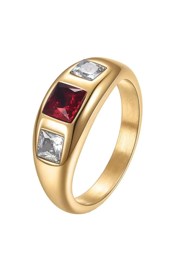 Unisex Stainless Steel Simple Unique Square Cut Red Rhinestone 3 Crystal Inlay Ring Eternity Wedding Band Gold Size 7