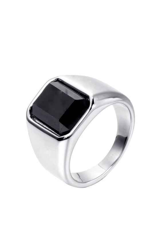 Unisex Stainless Steel Trendy Personality Square Black Gemstone Signet Ring Crystal Rhinestone Inlay Wedding Band High Polished Silver Size 13