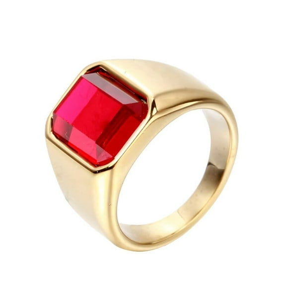 PAMTIER Unisex Stainless Steel Trendy Personality Square Red Gemstone Signet Ring Crystal Rhinestone Inlay Wedding Band High Polished Gold Size 7