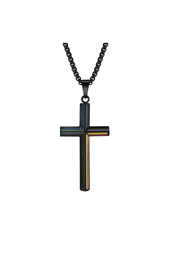 Unisex Stainless Steel Unique Rainbow Flag Lesbian LGBT Gay Pride Cross Pendant Crucifix Necklace Love Statement Band Black 23.6" Chain