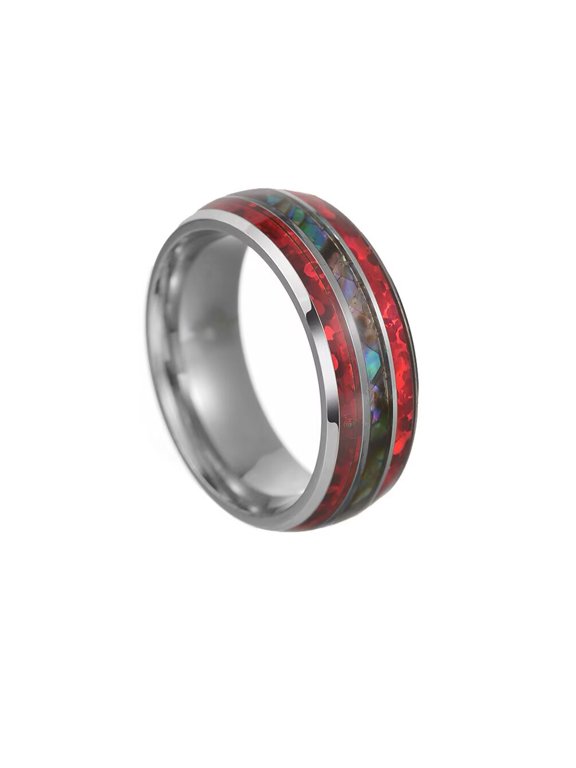Unisex Stainless Steel Unique Red Imitation Opal Inlay Dome Thin Line Abalone Shell Center Wedding Bands Ring Comfort Fit Silver Size 13