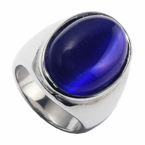 PAMTIER Unisex Stainless Steel Vintage Classic Oval Cut Blue Agate Gemstone Signet Ring Rhinestones Statement Wedding Band Comfort Fit Silver Size 11