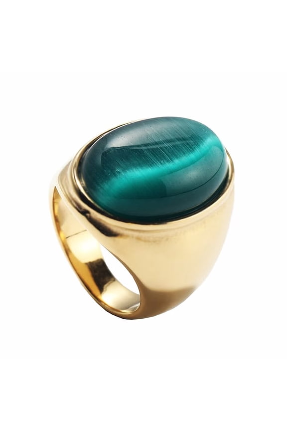 Unisex Stainless Steel Vintage Classic Oval Cut Green Agate Gemstone Signet Ring Rhinestones Statement Wedding Band Comfort Fit Gold Size 8