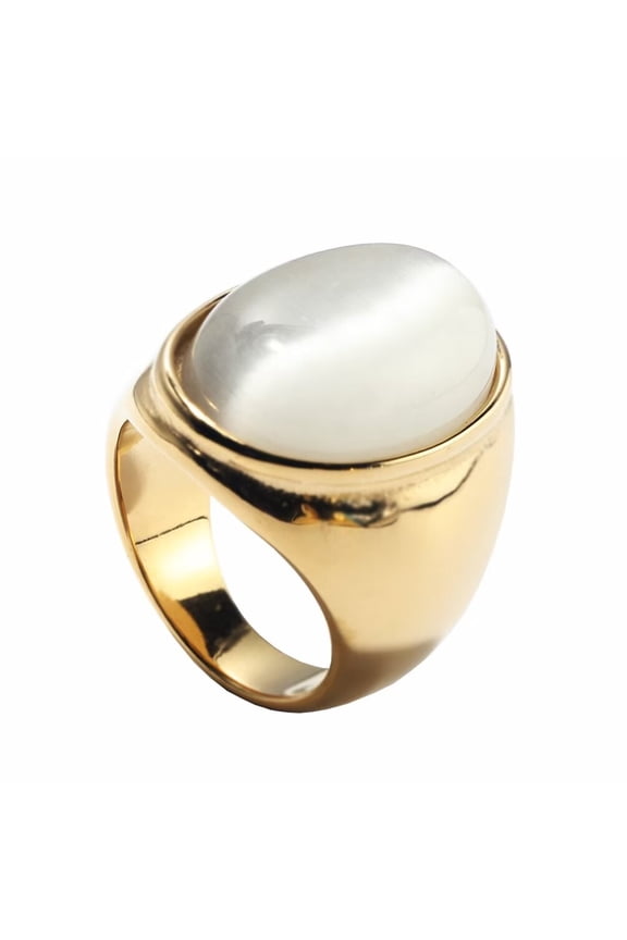 Unisex Stainless Steel Vintage Classic Oval Cut White Agate Gemstone Signet Ring Rhinestones Statement Wedding Band Comfort Fit Size 7