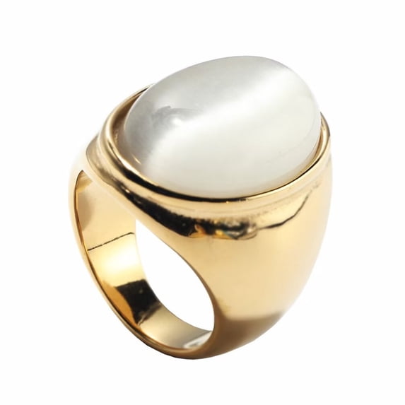 PAMTIER Unisex Stainless Steel Vintage Classic Oval Cut White Agate Gemstone Signet Ring Rhinestones Statement Wedding Band Comfort Fit Gold Size 8