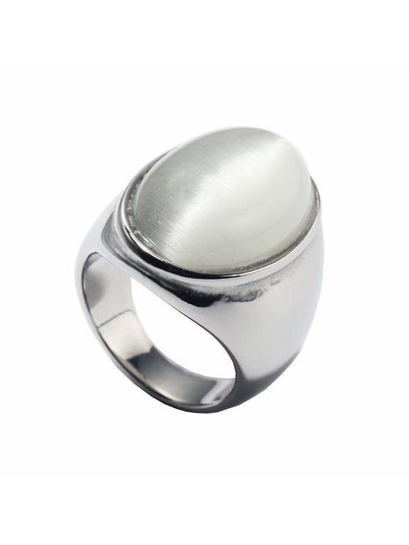 Unisex Stainless Steel Vintage Classic Oval Cut White Agate Gemstone Signet Ring Rhinestones Statement Wedding Band Comfort Fit Silver Size 8