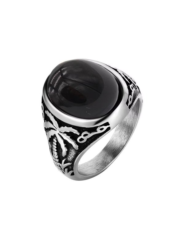 Unisex Stainless Steel Vintage Classic Royal Coconut Tree Flower Pattern Carved Oval Cut Black Gemstone Signet Ring Silver Size 10