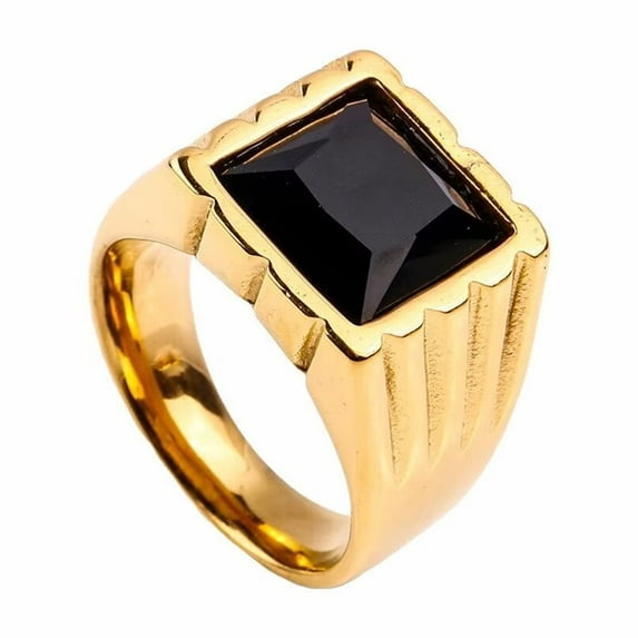 PAMTIER Unisex Stainless Steel Vintage Classic Square Cut Black Gemstone Signet Ring Rhinestones Statement Wedding Band Comfort Fit Gold Size 11