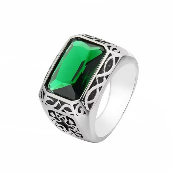 PAMTIER Unisex Stainless Steel Vintage Classic Square Cut Green Gemstone Cross Flower Pattern Signet Ring Statement Engagement Wedding Band Size 7