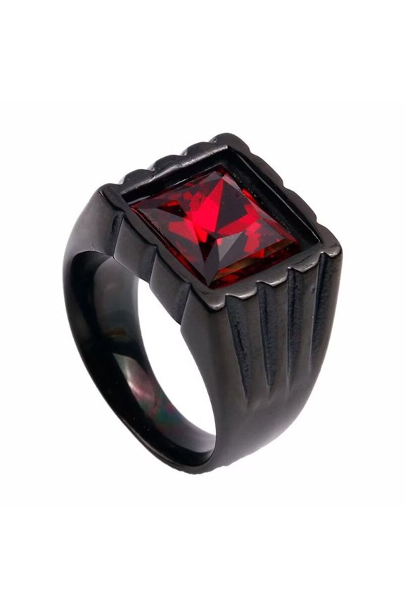 Unisex Stainless Steel Vintage Classic Square Cut Red Gemstone Signet Ring Rhinestones Statement Wedding Band Comfort Fit Black Size 7
