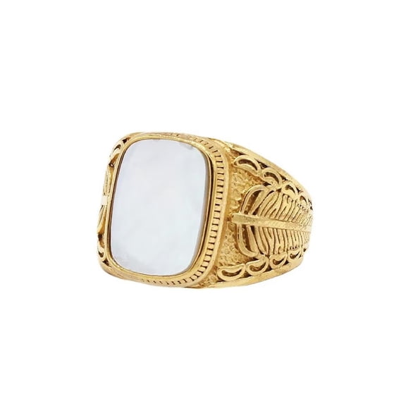 PAMTIER Unisex Stainless Steel Vintage Classic Square Cut White Seashells CZ Signet Biker Ring Feather Pattern Gemstone Wedding Band Gold Size 10