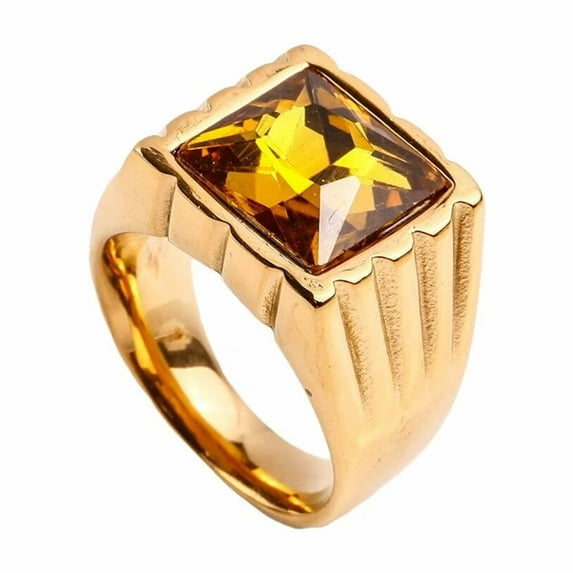 PAMTIER Unisex Stainless Steel Vintage Classic Square Cut Yellow Gemstone Signet Ring Rhinestones Statement Wedding Band Comfort Fit Gold Size 10