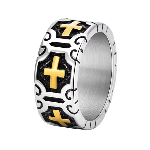 PAMTIER Unisex Stainless Steel Vintage Cool Hip Hop 10MM Special Flower Pattern Carved Cross Biker Amulet Crucifix Ring Gold Size 12