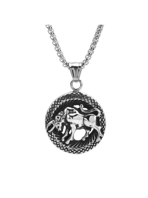 Unisex Stainless Steel Vintage Cool Hip Hop Hollow 12 Constellations Zodiac Round Pendant Dog Tag Animal Charm Horoscope Amulet Necklace Taurus