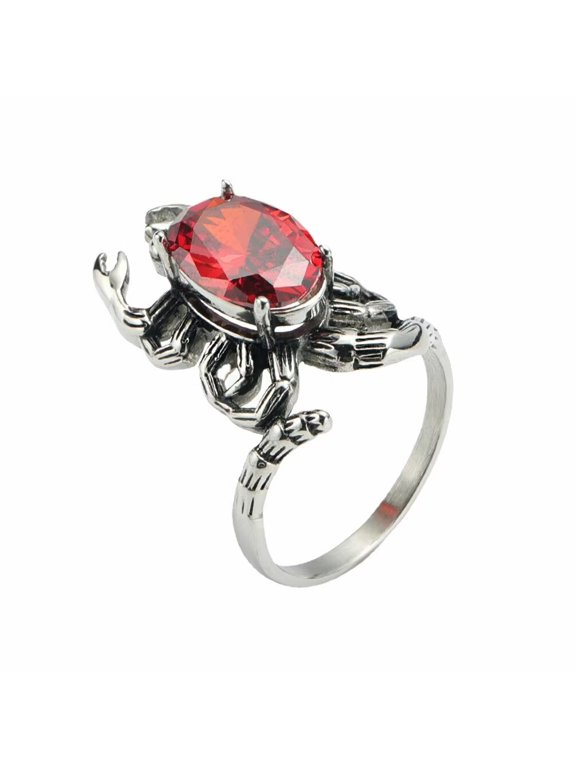Unisex Stainless Steel Vintage Creative Personality Hollow Oval Cut Scorpion Claw Red Gemstone Punk Knight Ring Gothic Hip Hop Style Size 13