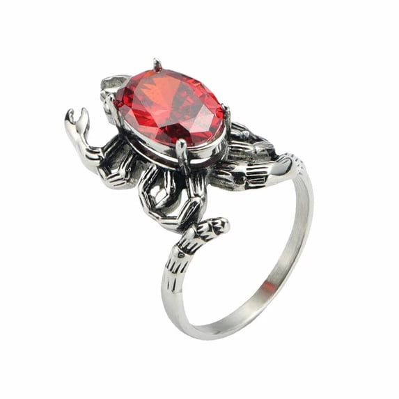 PAMTIER Unisex Stainless Steel Vintage Creative Personality Hollow Oval Cut Scorpion Claw Red Gemstone Punk Knight Ring Gothic Hip Hop Style Size 9