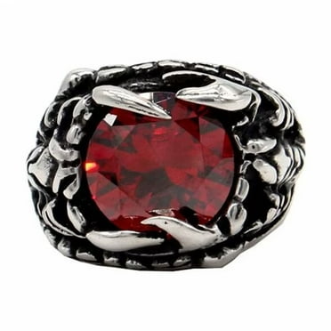 PAMTIER Unisex Stainless Steel Vintage Creative Personality Round Cut Dragon Claw Red Gemstone Scorpion Biker Ring Animal Charm Silver Size 7