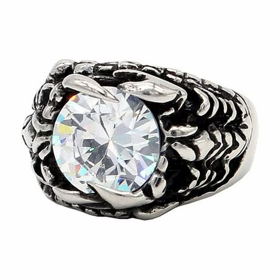 PAMTIER Unisex Stainless Steel Vintage Creative Personality Round Cut Dragon Claw White Gemstone Scorpion Biker Ring Animal Charm Silver Size 12