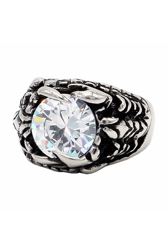Unisex Stainless Steel Vintage Creative Personality Round Cut Dragon Claw White Gemstone Scorpion Biker Ring Animal Charm Silver Size 13