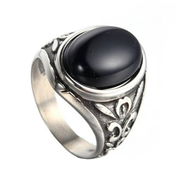 PAMTIER Unisex Stainless Steel Vintage Domineering Oval Cut Black Gemstone Rhinestones Ring Special Flowers Totem Wedding Band Comfort Fit Size 7