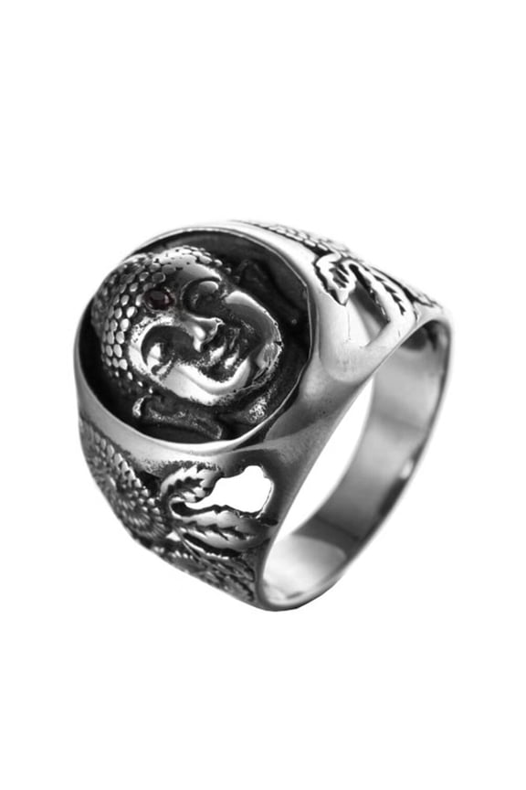 Unisex Stainless Steel Vintage Domineering Tibetan Buddhist Red Gemstone Sakyamuni Buddha Head Biker Ring Hip Hop Style Silver Size 9