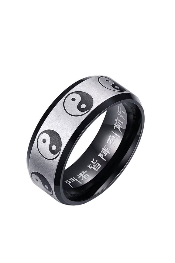 Unisex Stainless Steel Vintage Ethnic Style Matte Finished Taoism Tai Chi Yin Yang Bagua Balance Biker Ring Mantra Amulet Band Size 9