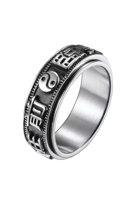 Unisex Stainless Steel Vintage Ethnic Style Taoism 9 Word Mantra Tai Chi Yin Yang Gossipy Rotatables Signet Ring Relieve Anxiety Band Size 8