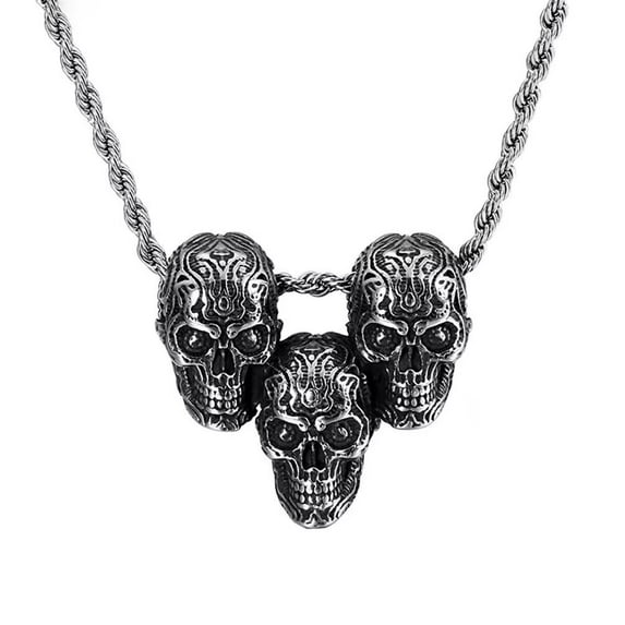 PAMTIER Unisex Stainless Steel Vintage Gothic Biker Flower Pattern Carved Ghost Devil Skull Head Pendant Punk Hip Hop Necklace Silver No Chain
