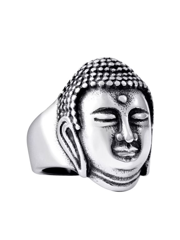 Unisex Stainless Steel Vintage Gothic Hip Hop Tibetan Buddhist Sakyamuni Buddha Head Biker Amulet Ring Chinese Style Silver Size 13
