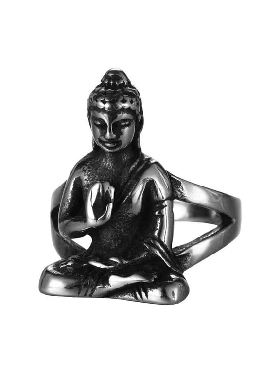 Unisex Stainless Steel Vintage Gothic Punk Tibetan Buddhist Meditation Sakyamuni Buddha Biker Amulet Ring Hip Hop Style Silver Size 13