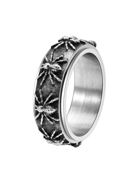 Unisex Stainless Steel Vintage Hip Hop 8mm Cool Terrible Spider Rotatable Biker Ring Gothic Punk Anxiety Fidget Band Silver Size 9
