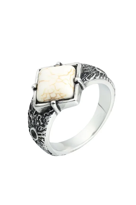 Unisex Stainless Steel Vintage Hip Hop Dragon Claw Synthetic Turquoise Gemstone Special Pattern Carved Bike Ring White Size 11