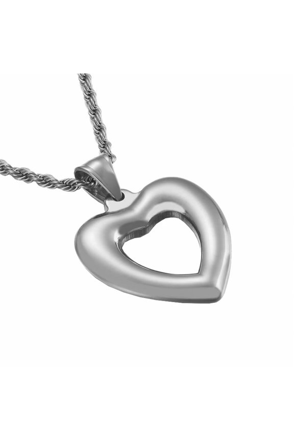 Unisex Stainless Steel Vintage Hollow Love Cute Open Heart Charm Pendant Necklace Statement Eternity Wedding Band Silver Free Chain