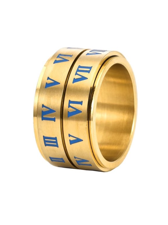 Unisex Stainless Steel Vintage Luminous Glow 2 Floors Roman Numerals Blue Numbers Rotatable Ring Anxiety Fidget Band Gold Size 8