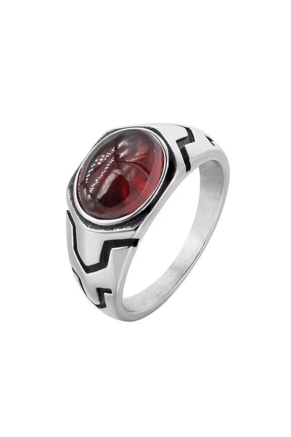 Unisex Stainless Steel Vintage Personality Punk Stackable Oval Cut Red Gemstone Biker Ring European and American Style Silver Size 9
