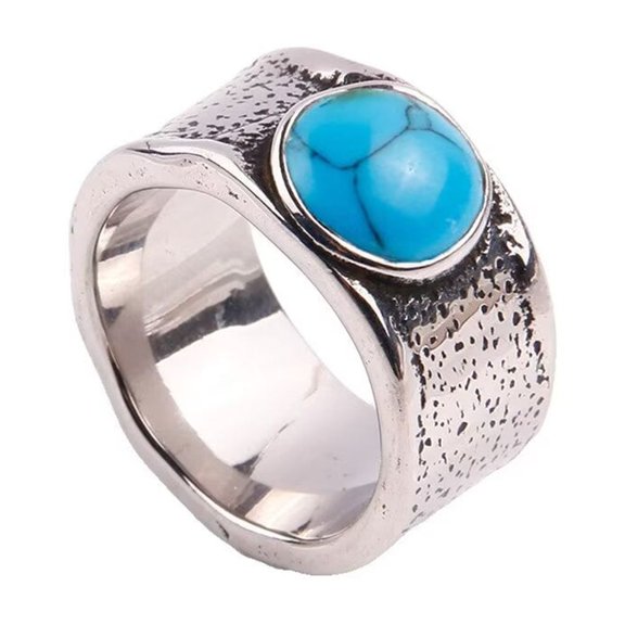 PAMTIER Unisex Stainless Steel Vintage Personality Round Cut Blue Gemstone Synthetic Turquoise Biker Ring Statement Wedding Band Silver Size 8