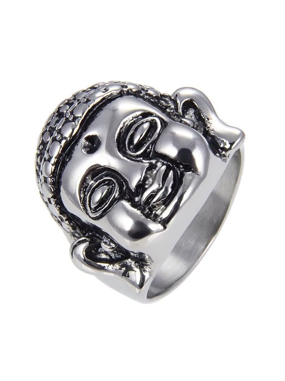 Unisex Stainless Steel Vintage Personality Tibetan Buddhist Smiles Blessing Sakyamuni Buddha Head Biker Ring Hip Hop Style Silver Size 13